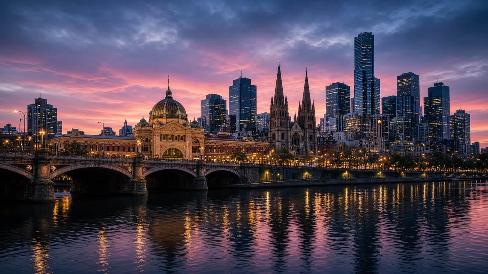 Melbourne CBD at dusk across the Yarra River, with Princes Bridge and the city skyline.